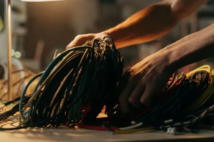 Hands sorting a loom of wiring on a workbench