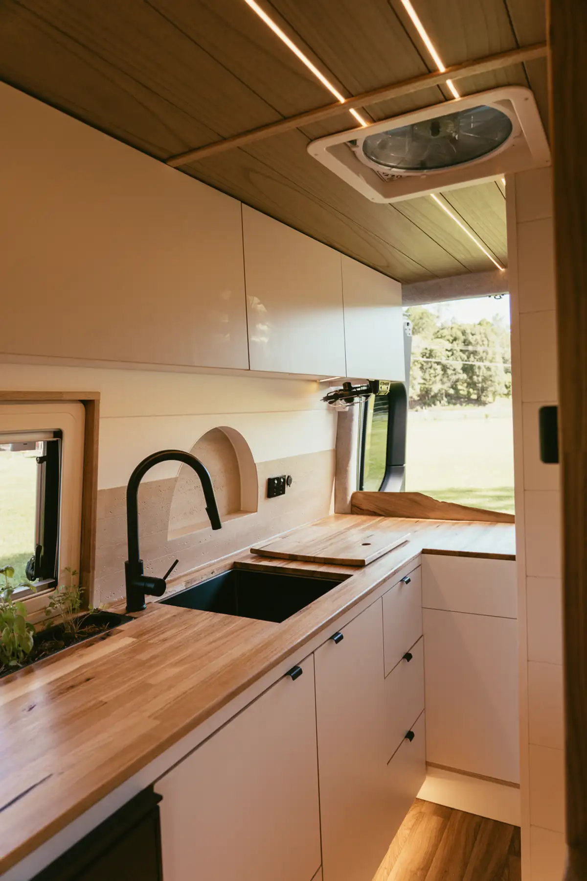 Galley with roof fan, downlights and 12V appliances